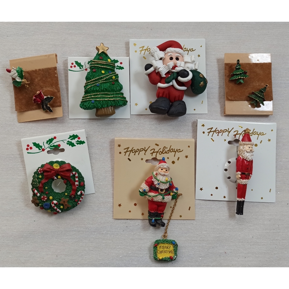 Christmas Tree, Santa Pins Brooches Lot Of 9
